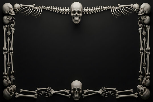 Halloween skeleton frame with skulls and bones 3d rendering on dark background