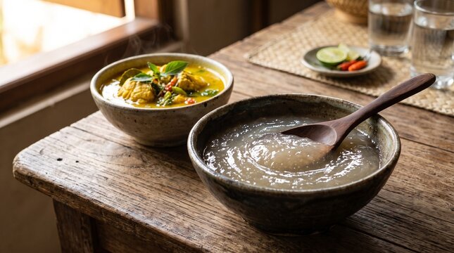Traditional Indonesian papeda with yellow fish soup, highlighting sago cuisine from eastern Indonesia. Useful for food advertising, tourism campaigns, restaurant menus, and culinary publishing.
