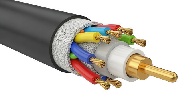 Black electrical cable with colorful wires and metal connector plug isolated on transparent background