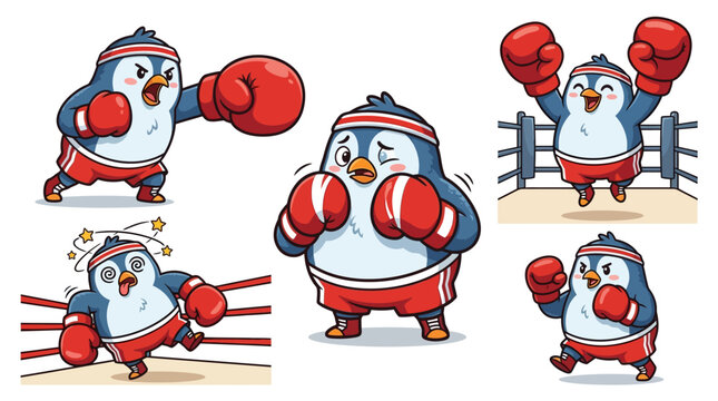 Cartoon penguin characters boxing enthusiastically in ring.