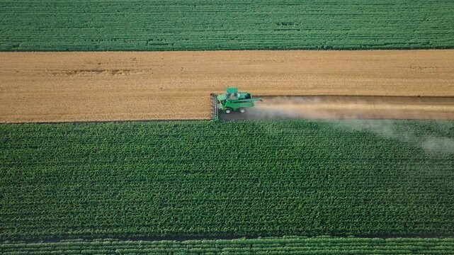 Top-down view of a combine harvester cutting crops in a field