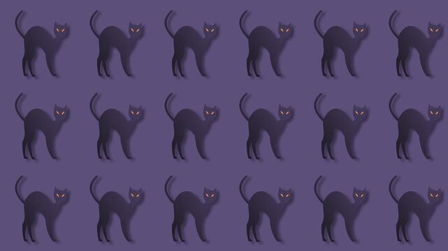 Black Cat Pattern Motion Background Halloween Purple Seamless Animated Texture.