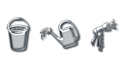Chrome garden tools icon set, metallic silver watering can and bucket, shiny metal hose nozzle icons on white background © riponhossain
