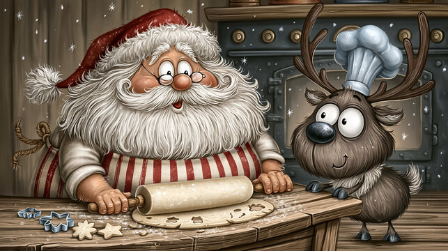Cartoon cute funny Santa Claus and reindeer cooking cookies in the kitchen