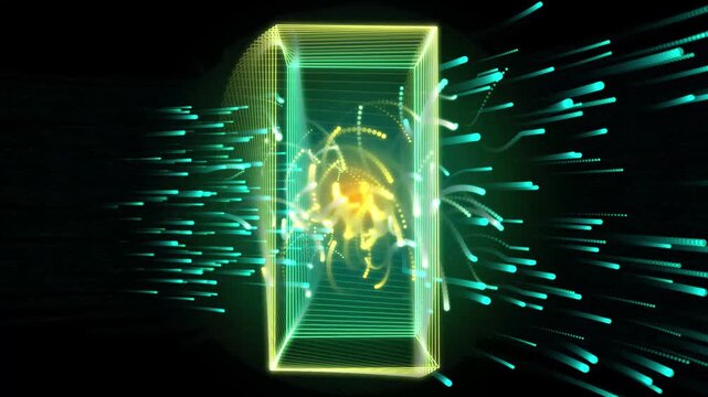 Abstract glowing rectangular prism with light trails and particles a high energy featuring 4K video