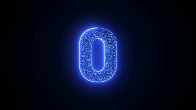 Number 0 Glowing Blue Neon Animation with Sparkling Particles