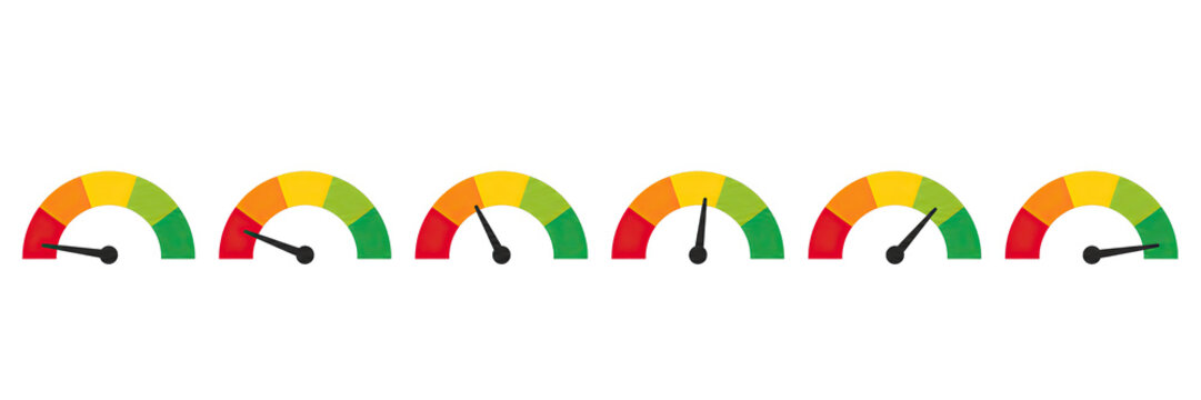 Set of six colorful speedometers with needles indicating various performance levels, isolated on transparent background for business, technology, and assessment designs.