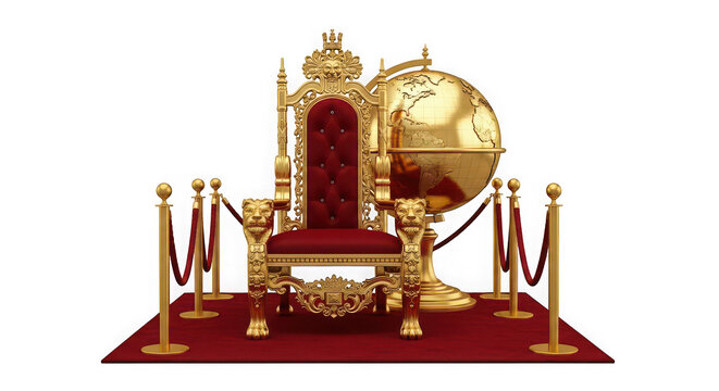 Luxury golden royal throne with red velvet seat and golden globe isolated on transparent background