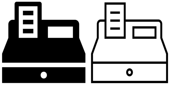 Black and white cash register icon isolated on a white background, featuring a classic point of sale machine with display, keypad, drawer, and circular button, suitable for retail and business concept