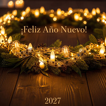 Feliz A&ntilde;o Nuevo 2027 con velas, guirnalda de pino y luces doradas sobre una mesa de madera acogedora


