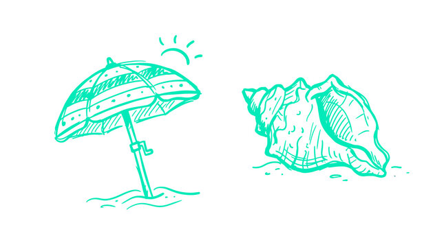 Teal sketch of beach umbrella and sea shell represents summer vacation and coastal travel themes with hand drawn tropical holiday elements on clear background.