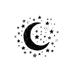 Black ink hand drawn crescent moon surrounded by twinkling stars on white background for night sky celestial space fantasy aesthetic design element decoration. © Mr WaQaS