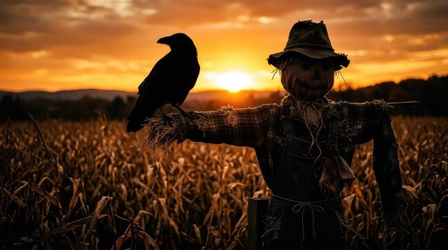 Crow sitting on scarecrow arm in cornfield at sunset