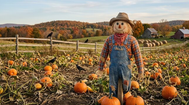 Scarecrow standing in a pumpkin patch field during autumn