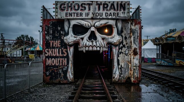 Ghost train ride entrance with a large scary skull structure