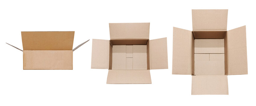 Top view of open cardboard boxes in different angles PNG transparent.