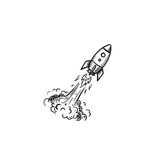 Rocket ship launching with dynamic smoke trails hand drawn sketch isolated on transparent background for space exploration themes and educational web design. © Mr WaQaS