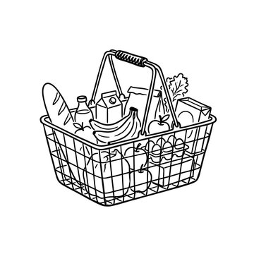 Grocery shopping basket filled with fresh food items hand drawn illustration isolated on transparent background for retail marketing and supermarket promotional.