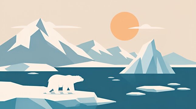 Polar Bear Walking on Ice Near Cold Mountain Landscape with Sun