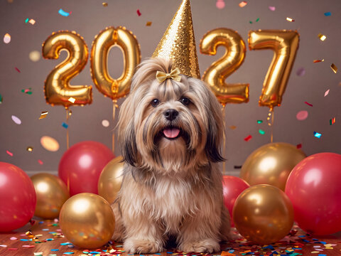 Chien Lhassa Apso festif c&eacute;l&eacute;brant la nouvelle ann&eacute;e 2027 parmi ballons dor&eacute;s et confettis

