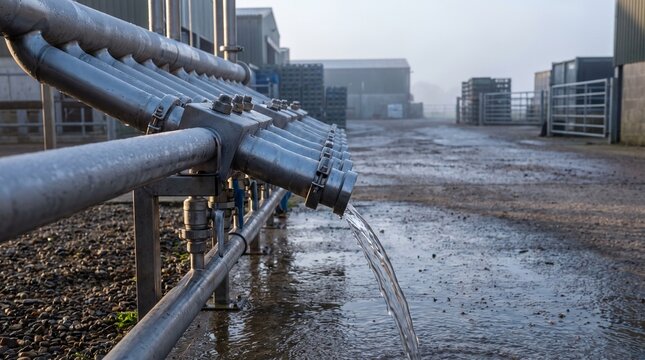 Rinse water sheeting off dairy milk reception pipework at dawn
