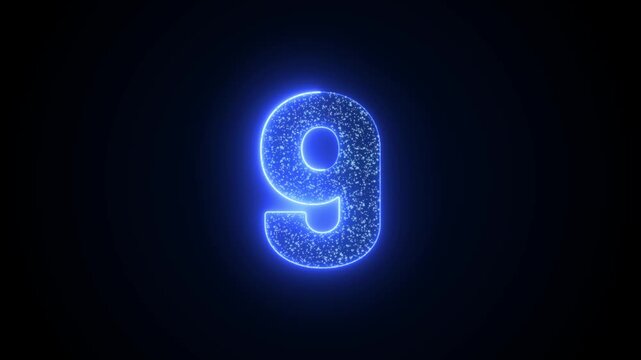 Number 9 Glowing Blue Neon Animation with Sparkling Particles