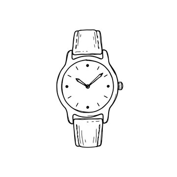 Wristwatch hand drawn illustration showing analog face and leather strap for time management blogs lifestyle magazine layouts and classic fashion accessory branding.