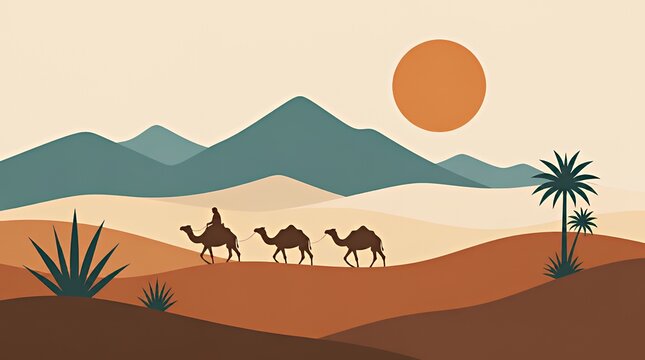 Sunlit Desert Scene with Distant Mountains and Camels
