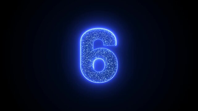 Number 6 Glowing Blue Neon Animation with Sparkling Particles