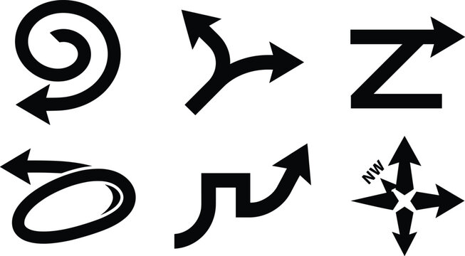 Stylized arrow icons set featuring spiral, split direction, zigzag, loop, right‑angle, and compass design representing motion, navigation, and directional concepts for commercial illustration