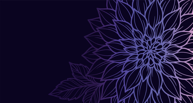 Layered dahlia petal banner, blooming chrysanthemum flower sketch, glowing purple floral corner border, dark midnight botanical background frame, vintage engraved garden blossom line art, luxury autum