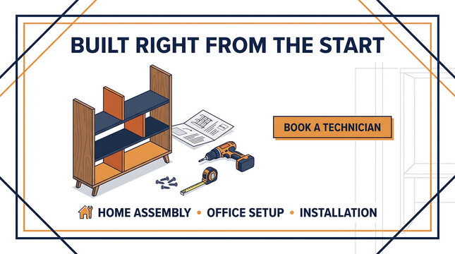 Wooden bookshelf assembly is illustrated with power tools and manual.