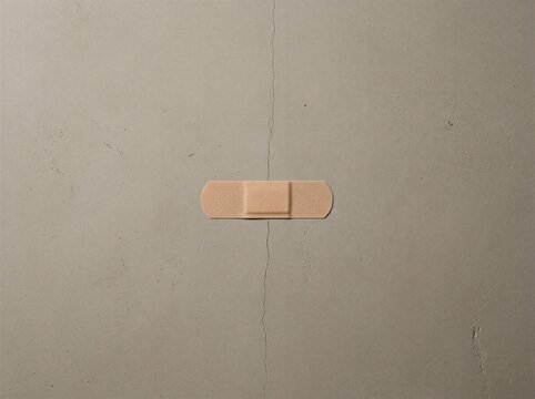 Adhesive bandage covering a crack on a plain grey concrete wall