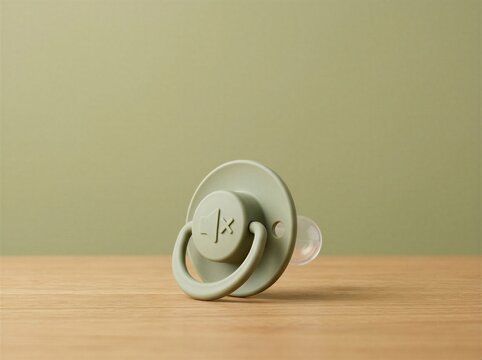 Sage green baby pacifier with mute icon resting on a wooden table surface