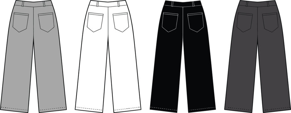 Wide leg pants trousers back view vector flat sketch technical drawing template for apparel design