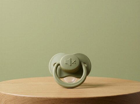 Sage green baby pacifier with mute icon resting on a wooden table surface