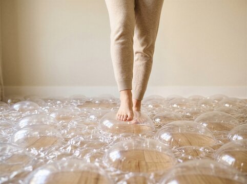 Person standing barefoot on bubble wrap on a wooden floor indoors