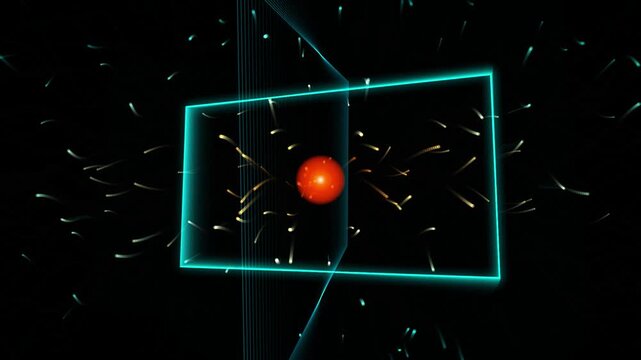Glowing orb emitting particles inside a transparent geometric rectangle frame particle emission 4K video