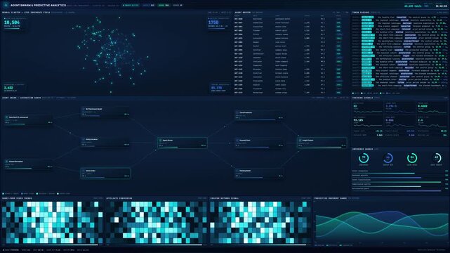 Agent swarm and predictive analytics user interface dashboard with charts and network nodes