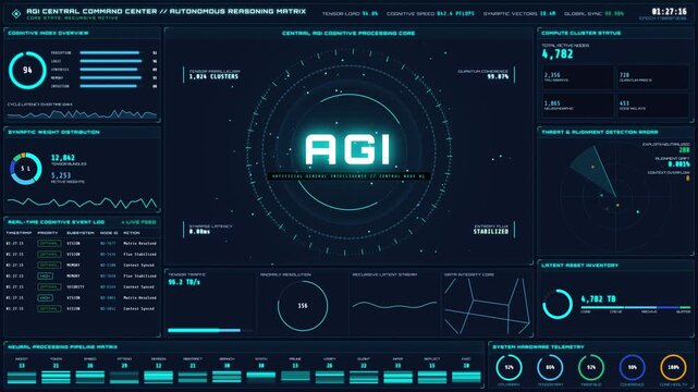 AGI artificial general intelligence control command center dashboard interface screen displaying real time cognitive processing telemetry metrics and data analytics