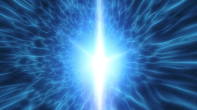 Abstract blue energy burst with radiant light rays, flowing plasma waves