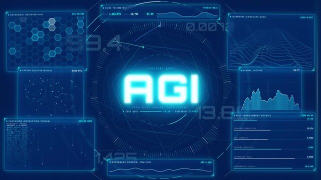 AGI artificial general intelligence interface with futuristic data visualization analytics