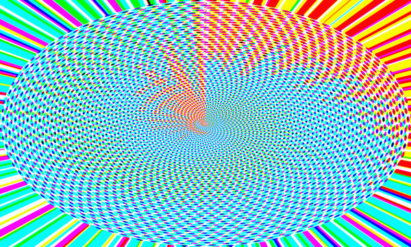Abstract circular pattern with vibrant rainbow colored radial lines and a central moire effect in blue, red, yellow, and green hues
