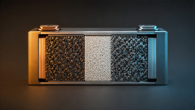 Solid-state battery cross section showing granular anode and cathode materials separated by a solid electrolyte, conceptual 3D visualization of advanced energy storage.