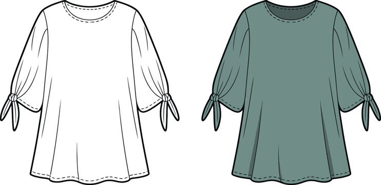 Women A-line tunic top with tie sleeves flat sketch vector technical drawing template