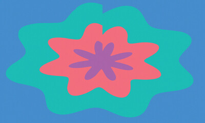 Abstract organic shape with a central purple flower-like form layered over a coral pink blob on a solid bright blue background, surface area © Md