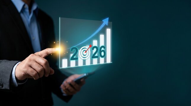 A business professional using a digital tablet to analyze financial growth projections for the year twenty twenty six with charts