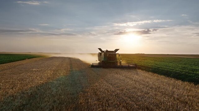 Combine harvester working in a field at sunset