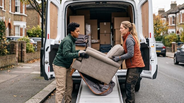 Professional movers loading a comfortable armchair into a cargo van during residential relocation services on a quiet autumn urban street