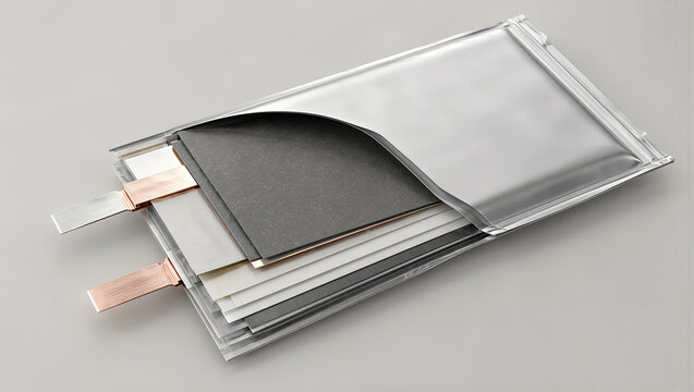 Lithium-ion pouch battery cell cutaway showing layered electrodes, separators, terminal tabs and flexible metallic casing, detailed 3D technical visualization.